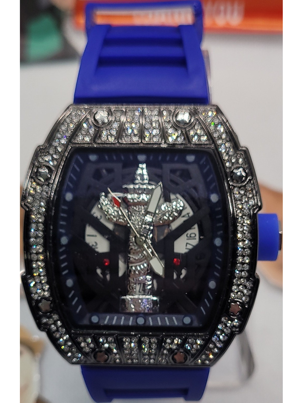 421 AJ Luxury Tonneau Skeleton Dial Quartz Date Blue Rubber Strap Wristwatch Box